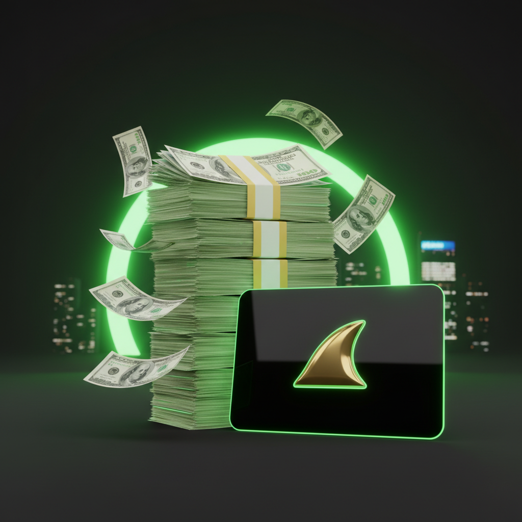 $SHARKCARD cash card — stacks of cash and a shark cash-card